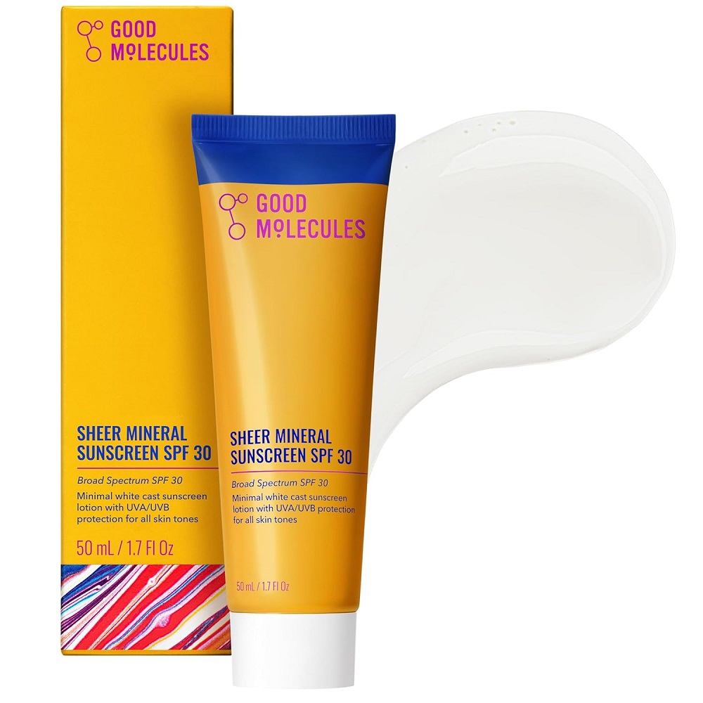 Good Molecules, გუდ მოლეკულსი, Sheer Mineral Sunscreen, მზისგან დამცავი, SPF 30, მინერალური დამცავი, სახის საცხი, 50 მლ Good Molecules, გუდ მოლეკულსი, Sheer Mineral Sunscreen, მზისგან დამცავი, SPF 30, მინერალური დამცავი, სახის საცხი, 50 მლ