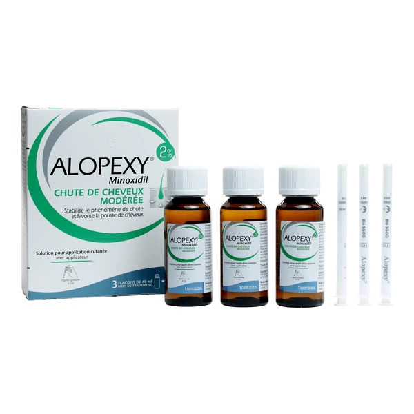 Alopexy, ალუპექსი, Minoxidil 2%, მინოქსიდილი, თმის ცვენა, თმის ზრდა, ალოპეცია, სკალპის მოვლა, პიპეტიანი ხსნარი, 3x60მლ
