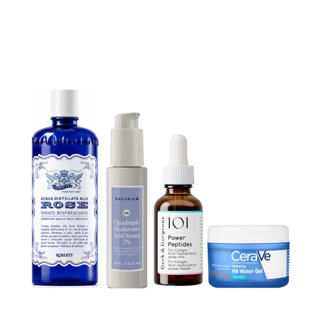 • Roberts Acqua Distillata Alle Rose • Naturium Quadruple HA • Geek & Gorgeous Power Peptides • CeraVe Hydrating HA Water Gel
