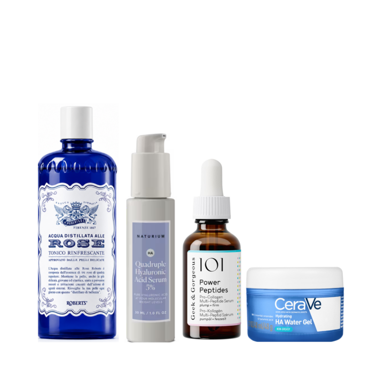 • Roberts Acqua Distillata Alle Rose • Naturium Quadruple HA • Geek & Gorgeous Power Peptides • CeraVe Hydrating HA Water Gel