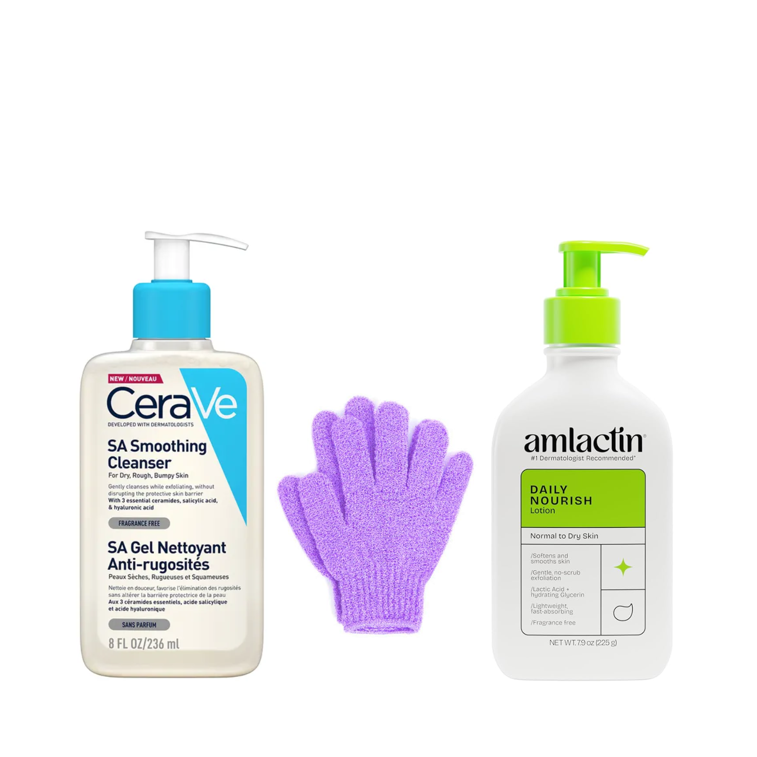 • CeraVe SA Smoothing Cleanser • Exfoliating Gloves • AmLactin Daily Nourish Lotion • CeraVe SA Smoothing Cleanser • Exfoliating Gloves • AmLactin Daily Nourish Lotion