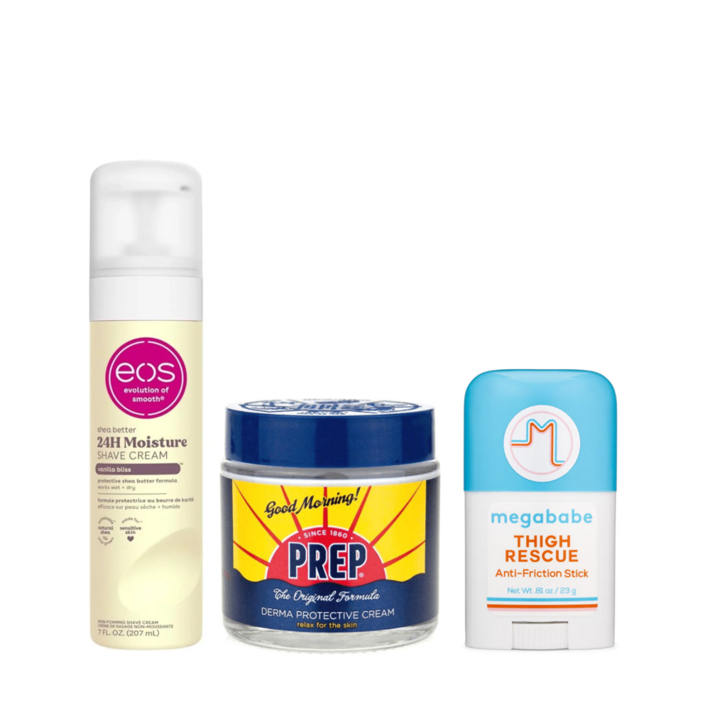 • eos 24H Moisture Shave Cream • Prep Derma Protective Cream • Megababe Thigh Rescue