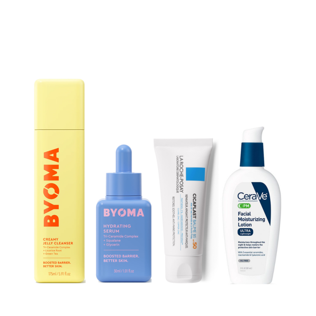 • BYOMA Creamy Jelly Cleanser • BYOMA Hydrating Serum • CeraVe PM • LRP CICAPLAST Baume B5+