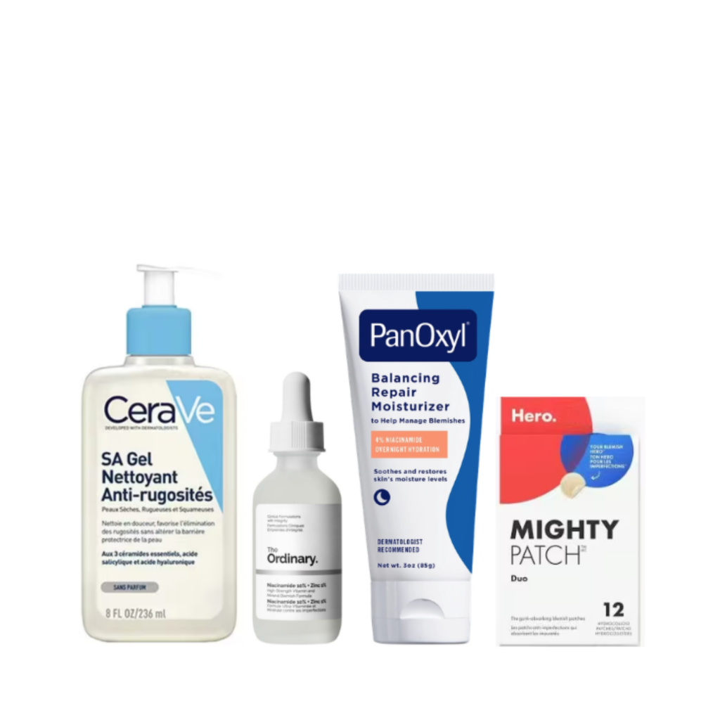 • CeraVe SA Smoothing Cleanser: • The Ordinary Niacinamide • PanOxyl PM Balancing Repair Moisturizer • Hero Mighty Patch Duo (12)
