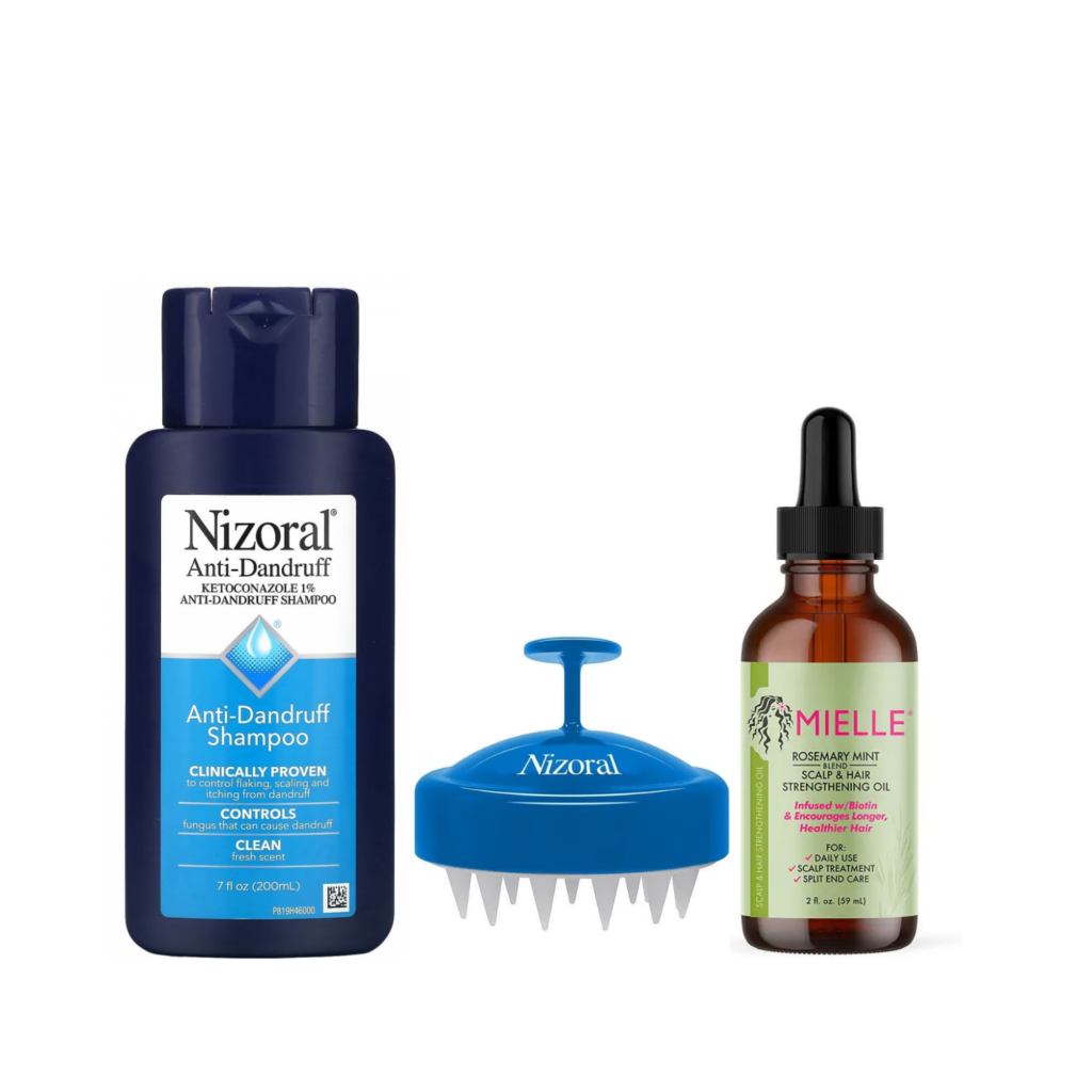 • Nizoral Anti-Dandruff Shampoo • Nizoral Scalp Massager • Mielle Rosemary Mint Oil