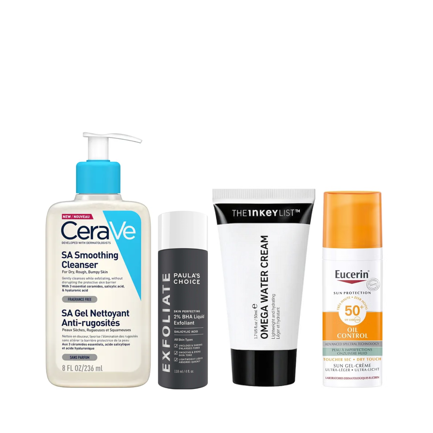 • CeraVe SA Smoothing Cleanser • Paula's Choice 2% BHA • The Inkey List Omega Water Cream • Eucerin Oil Control SPF 50 • CeraVe SA Smoothing Cleanser • Paula's Choice 2% BHA • The Inkey List Omega Water Cream • Eucerin Oil Control SPF 50