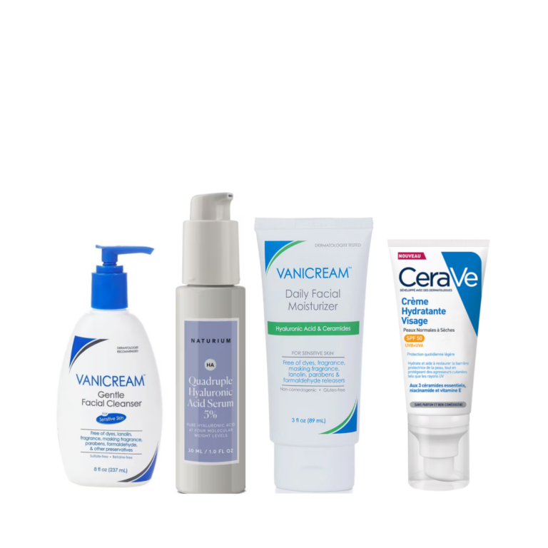• Vanicream Gentle Facial Cleanser • Naturium Quadruple HA • Vanicream Daily Facial Moisturizer • CeraVe Moisturizing Face Cream SPF 50