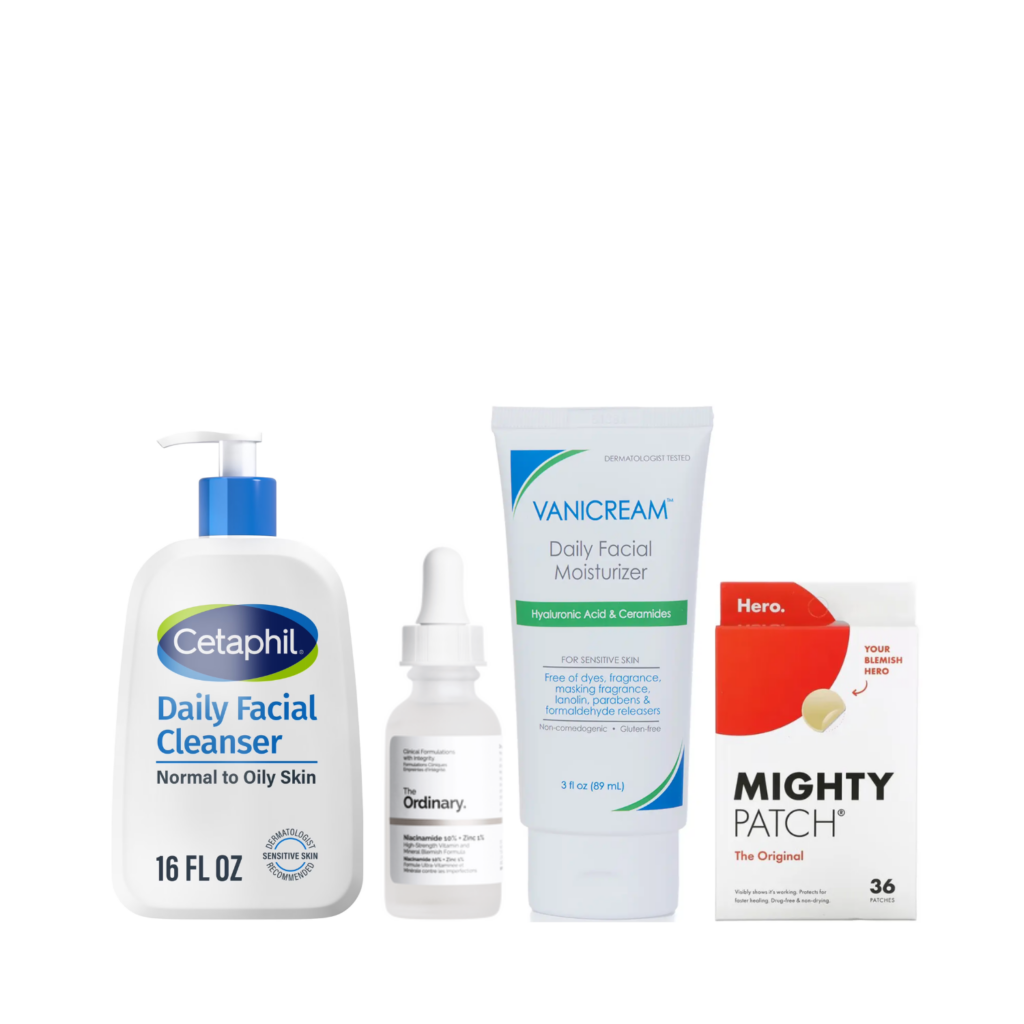 • Cetaphil Daily Facial Cleanser • The Ordinary Niacinamide • Vanicream Daily Facial Moisturizer • Hero Mighty Patch Original (36)