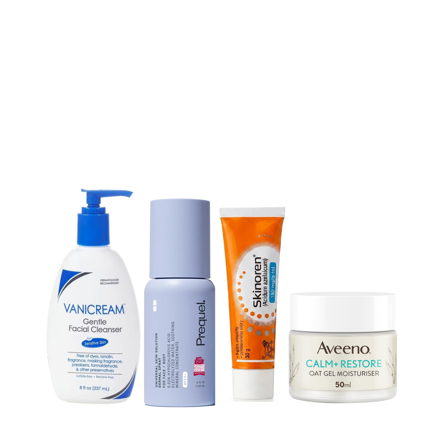 • Vanicream Gentle Facial Cleanser • Prequel Skin Universal Spray • Skinoren 15% Gel • Aveeno Calm + Restore Oat Gel • Vanicream Gentle Facial Cleanser • Prequel Skin Universal Spray • Skinoren 15% Gel • Aveeno Calm + Restore Oat Gel