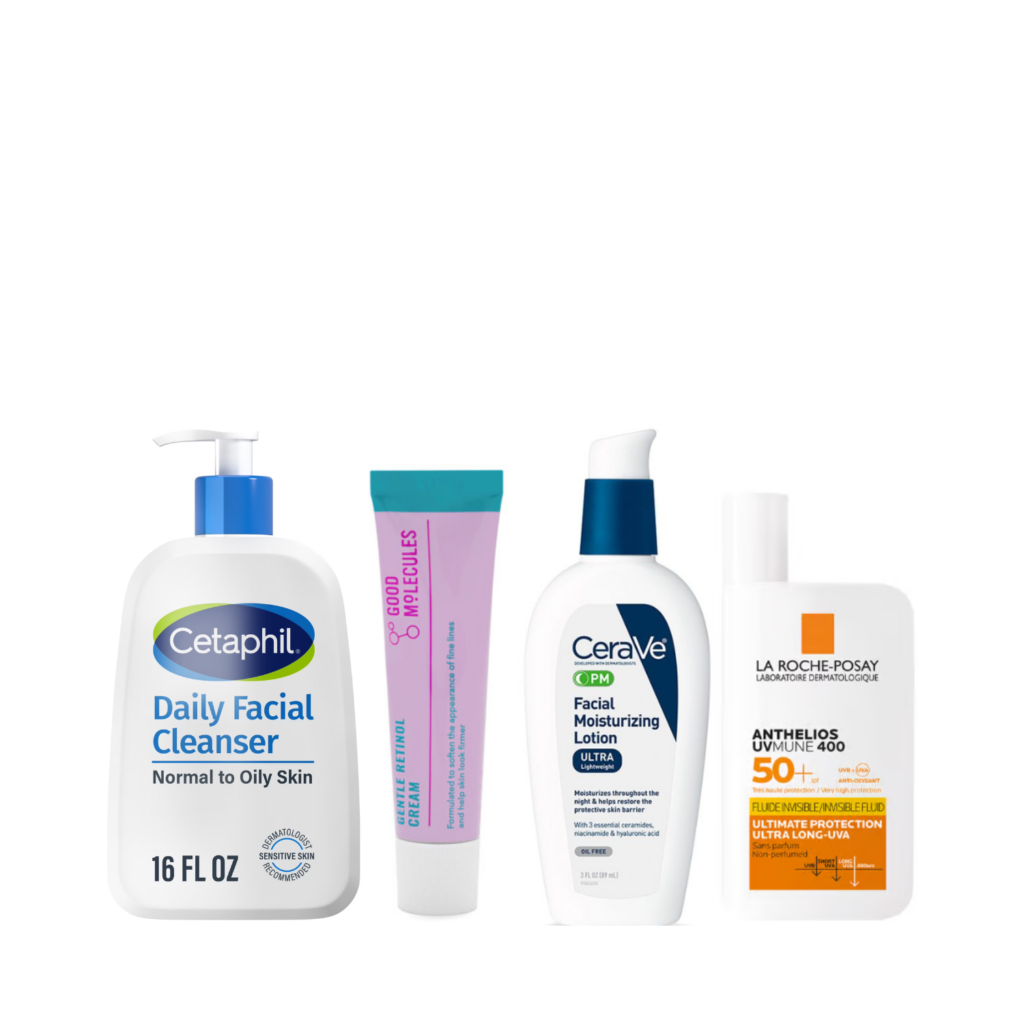 • Cetaphil Daily Facial Cleanser • Good Molecules Gentle Retinol • CeraVe PM Facial Moisturizing Lotion • LRP UVMUNE 400